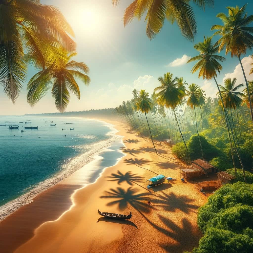 Kerala's beaches, showcasing the lush green palm trees casting gentle shadows over the golden sand